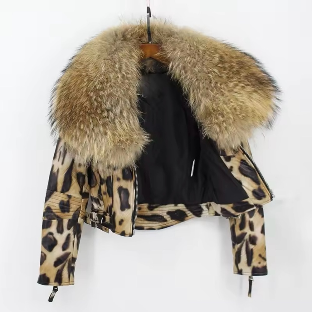 Real raccoon fur cheetah print biker leather jacket
